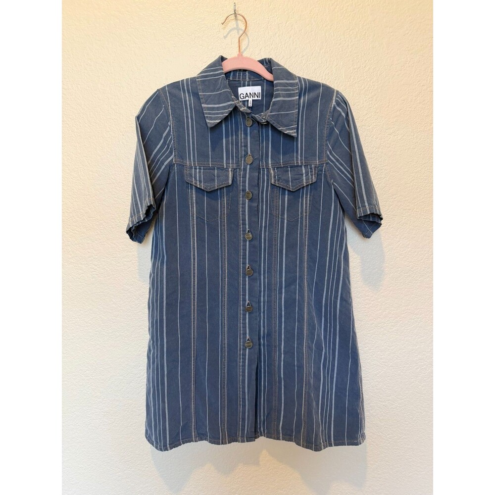 Ganni Stripe-pattern Denim Mini Button Up Dress Women’s Size 34 Shirt Collared